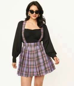 Unique Vintage 1950s Purple Plaid Pleated Suspender Mini Skirt