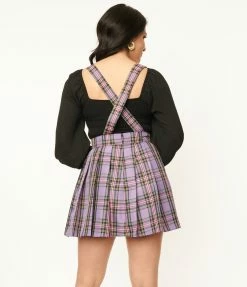 Unique Vintage 1950s Purple Plaid Pleated Suspender Mini Skirt