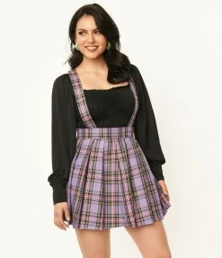 Unique Vintage 1950s Purple Plaid Pleated Suspender Mini Skirt