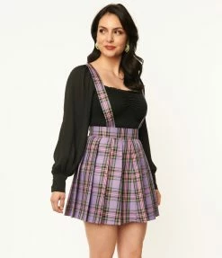 Unique Vintage 1950s Purple Plaid Pleated Suspender Mini Skirt