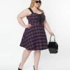 Unique Vintage Plus Size Purple Plaid Corset Flare Dress