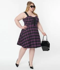 Unique Vintage Plus Size Purple Plaid Corset Flare Dress