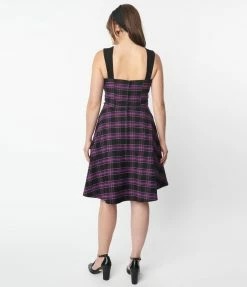Sale Unique Vintage Purple Plaid Corset Flare Dress