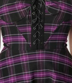 Sale Unique Vintage Purple Plaid Corset Flare Dress