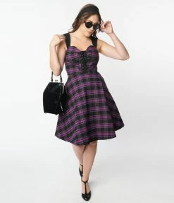 Sale Unique Vintage Purple Plaid Corset Flare Dress