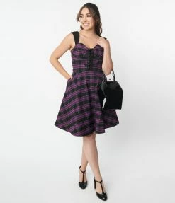 Sale Unique Vintage Purple Plaid Corset Flare Dress