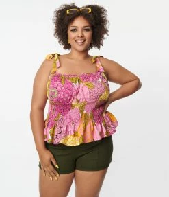 Unique Vintage Plus Size Pink & Yellow Floral Breezy Babe Crop Top