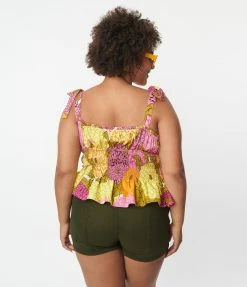 Unique Vintage Plus Size Pink & Yellow Floral Breezy Babe Crop Top