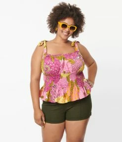 Unique Vintage Plus Size Pink & Yellow Floral Breezy Babe Crop Top