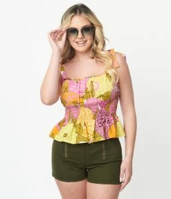 Unique Vintage Pink & Yellow Floral Breezy Babe Crop Top Sale