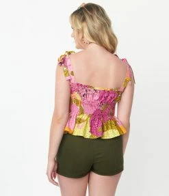 Unique Vintage Pink & Yellow Floral Breezy Babe Crop Top Sale