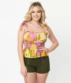 Unique Vintage Pink & Yellow Floral Breezy Babe Crop Top Sale