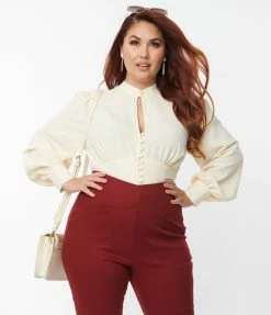 Unique Vintage Plus Size Ivory Keyhole Button Waist Blouse Clothing