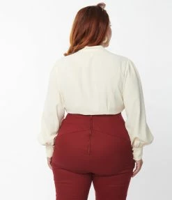 Unique Vintage Plus Size Ivory Keyhole Button Waist Blouse Clothing