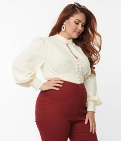 Unique Vintage Plus Size Ivory Keyhole Button Waist Blouse Clothing