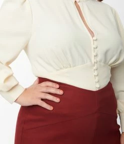 Unique Vintage Plus Size Ivory Keyhole Button Waist Blouse Clothing