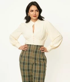 Unique Vintage Ivory Keyhole Button Waist Blouse