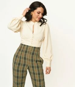 Unique Vintage Ivory Keyhole Button Waist Blouse