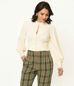 Unique Vintage Ivory Keyhole Button Waist Blouse