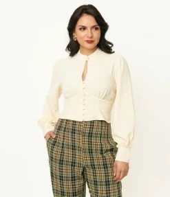Unique Vintage Ivory Keyhole Button Waist Blouse