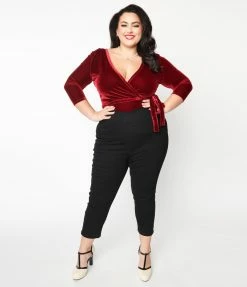 Unique Vintage Plus Size Black V-Waist Crop Pants