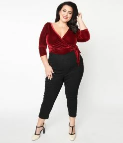 Unique Vintage Plus Size Black V-Waist Crop Pants