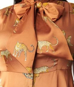 Sale Unique Vintage Plus Size Rust & Leopard Cat Print Swing Dress