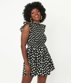 TCEC Black & White Abstract Dot Smocked Mini Dress Sale
