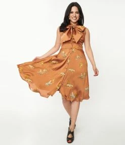 Unique Vintage Rust & Leopard Cat Print Swing Dress Sale
