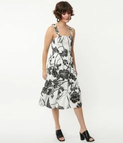 TCEC White & Black Tropical Floral Print Midi Dress Sale