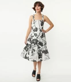 TCEC White & Black Tropical Floral Print Midi Dress Sale