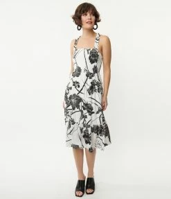 TCEC White & Black Tropical Floral Print Midi Dress Sale