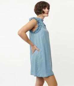 TCEC Chambray Blue High Neck Ruffle Midi Dress Sale
