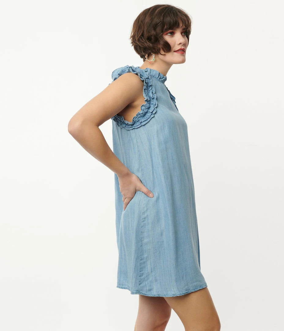 TCEC Chambray Blue High Neck Ruffle Midi Dress Sale