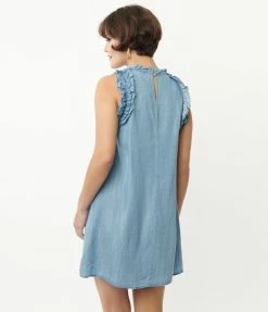 TCEC Chambray Blue High Neck Ruffle Midi Dress Sale