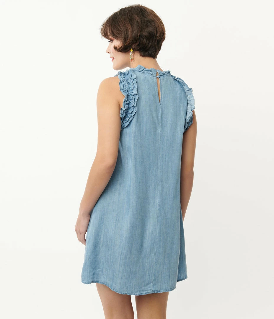 TCEC Chambray Blue High Neck Ruffle Midi Dress Sale