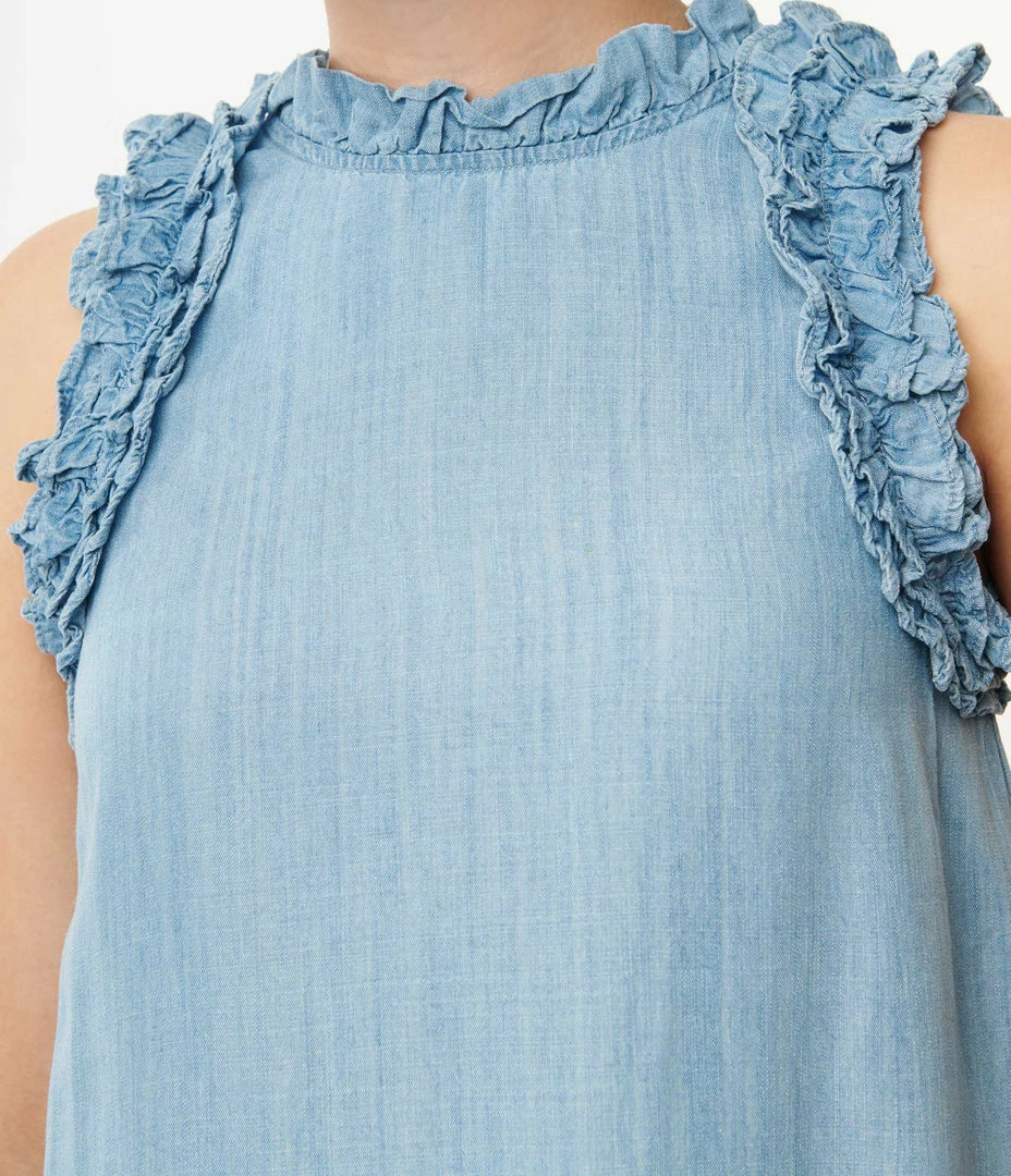 TCEC Chambray Blue High Neck Ruffle Midi Dress Sale