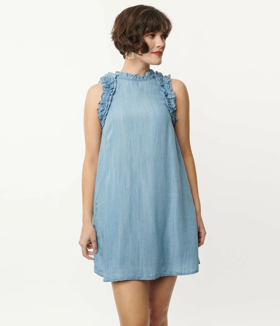 TCEC Chambray Blue High Neck Ruffle Midi Dress Sale