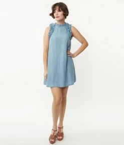 TCEC Chambray Blue High Neck Ruffle Midi Dress Sale