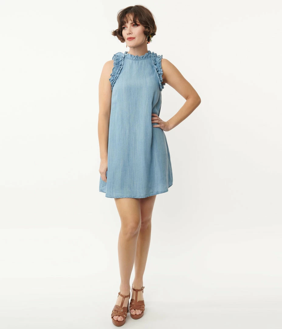 TCEC Chambray Blue High Neck Ruffle Midi Dress Sale
