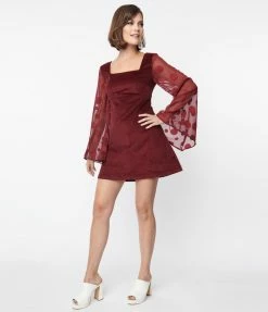 Smak Parlour Burgundy Floral Sleeve Mini Dress