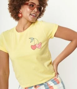 LA Show Room (Olive And Ivory) Sale Yellow & Cherry Hearts Unisex Graphic Tee