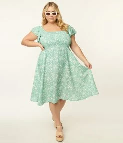 SHEEN Clothing Ltd Sale Plus Size Mint & White Floral Swing Dress