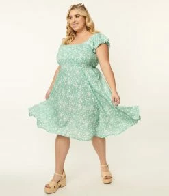 SHEEN Clothing Ltd Sale Plus Size Mint & White Floral Swing Dress