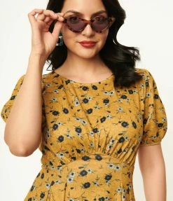 Trending Unique Vintage Mustard & Navy Floral Flare Dress