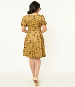 Trending Unique Vintage Mustard & Navy Floral Flare Dress