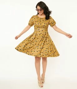 Trending Unique Vintage Mustard & Navy Floral Flare Dress
