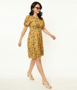 Trending Unique Vintage Mustard & Navy Floral Flare Dress
