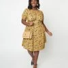Unique Vintage Plus Size Mustard & Navy Floral Flare Dress