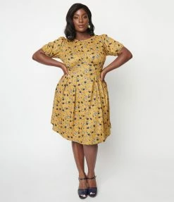 Unique Vintage Plus Size Mustard & Navy Floral Flare Dress